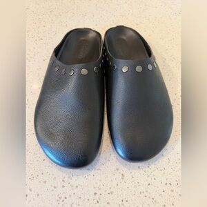Womens Black Leather Slip-On Clogs with Stud Detail - size 10